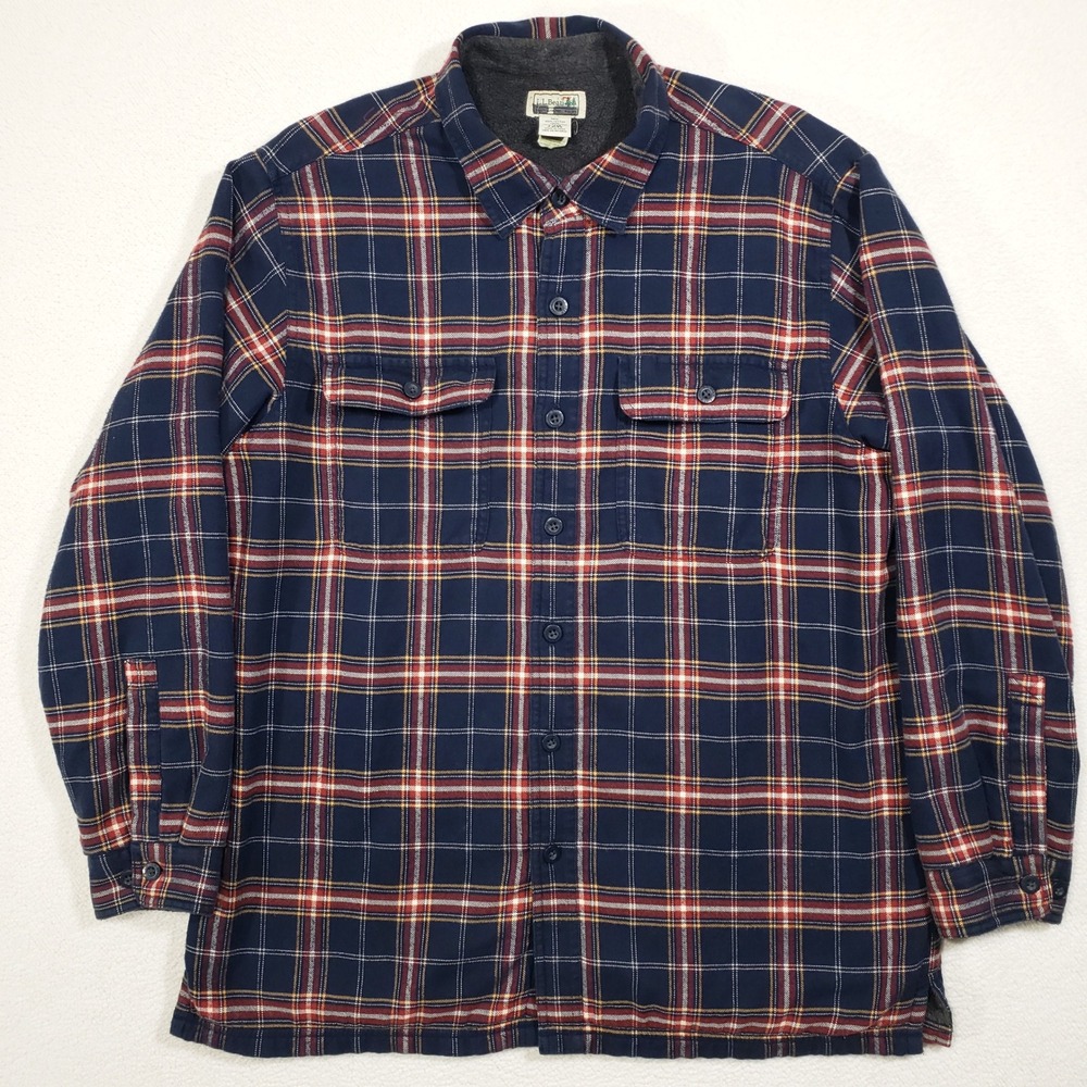 L.L. Bean Fleece Lined Flannel Shirt Jacket Mens Large Blue Red Plaid Shacket